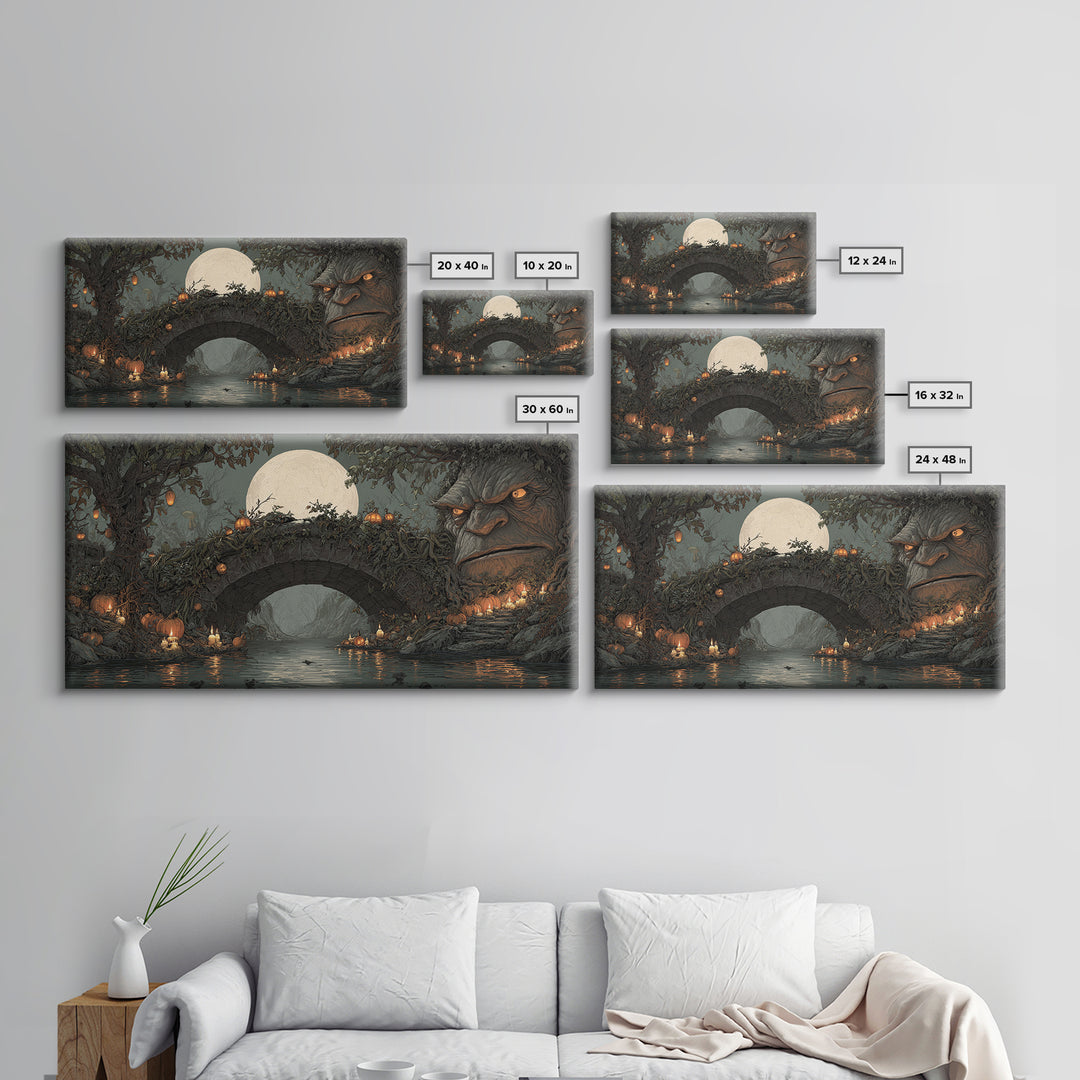 The Bridge Troll At Midnight, Wide Panoramic Art, Dark Fantasy Wall Art, Canvas Print, Halloween Wall Decor, Gothic Home Decor
