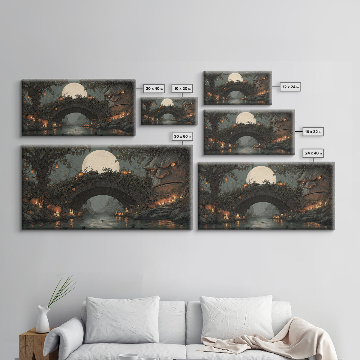 The Bridge Troll At Midnight, Wide Panoramic Art, Dark Fantasy Wall Art, Canvas Print, Halloween Wall Decor, Gothic Home Decor