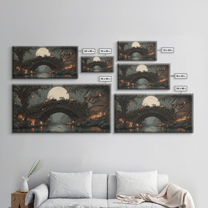 The Bridge Troll At Midnight, Wide Panoramic Art, Dark Fantasy Wall Art, Canvas Print, Halloween Wall Decor, Gothic Home Decor