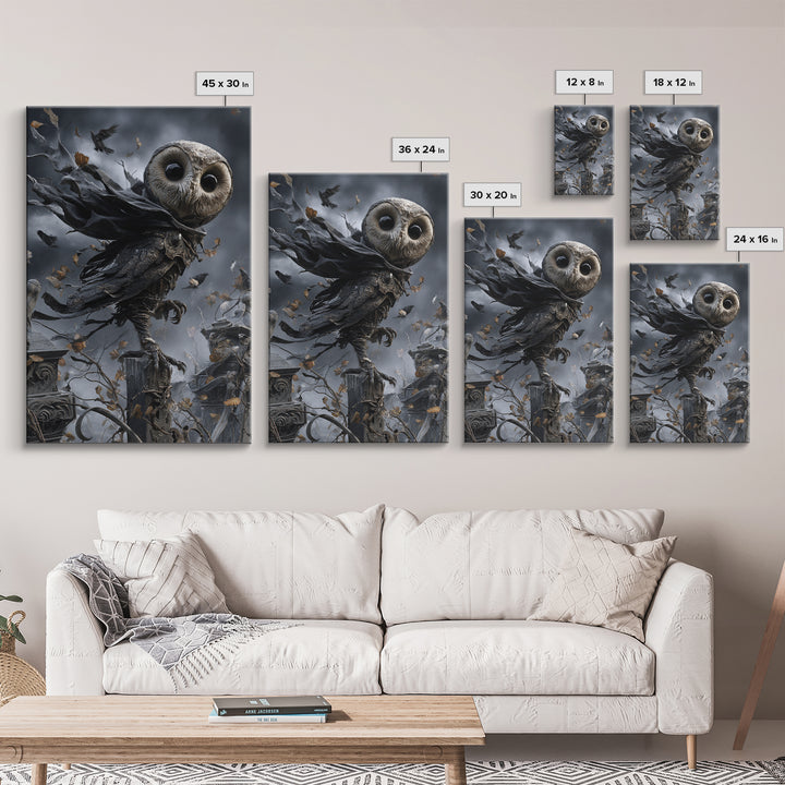 The Owl-Faced Omen, Vertical Wall Art, Spooky Home Decor, Canvas Print, Halloween Wall Decor, Gothic Home Decor, Macabre Wall Art