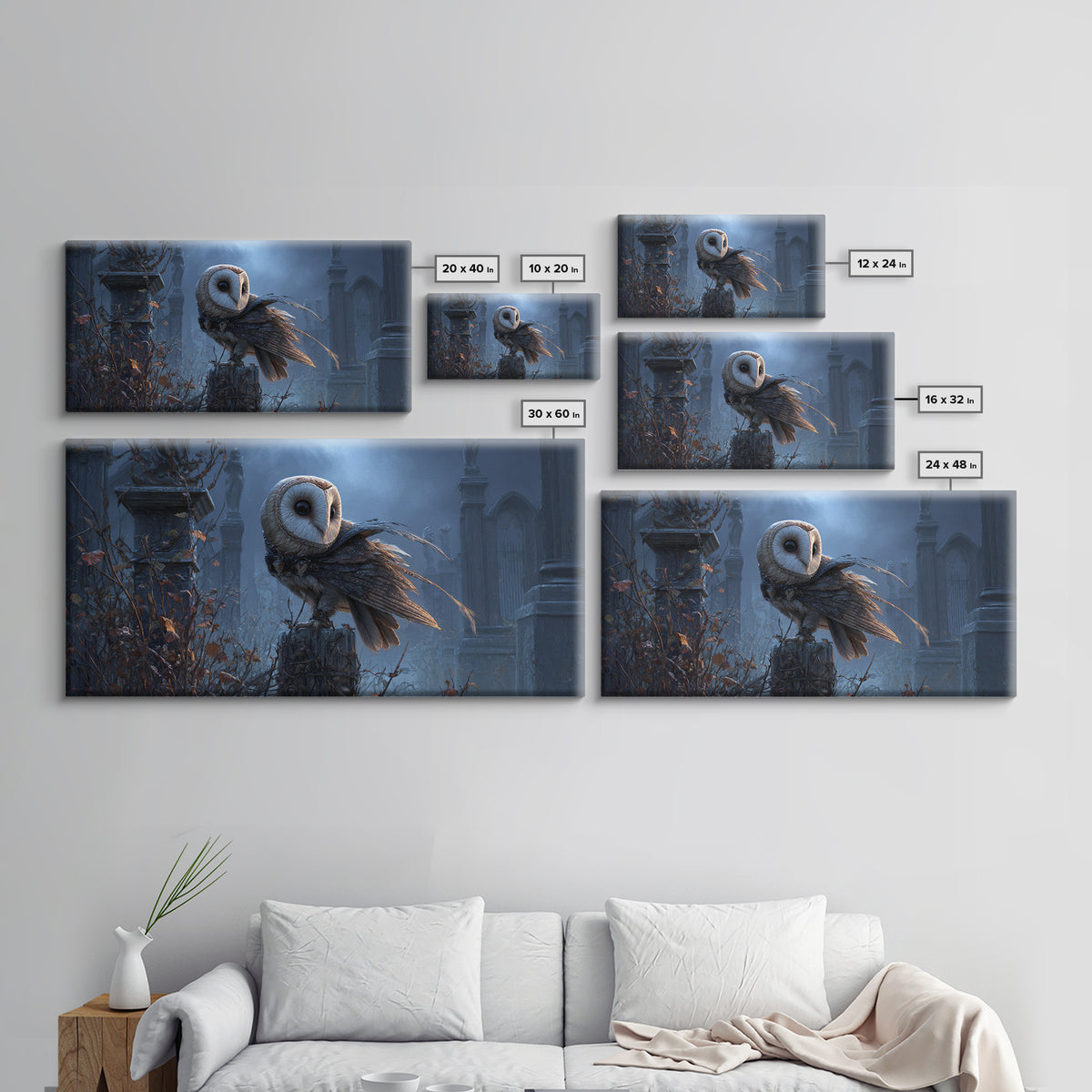 The Owl-Faced Omen, Wide Panoramic Art, Gothic Horror Wall Art, Framed Canvas Print, Halloween Wall Decor, Gothic Home Decor
