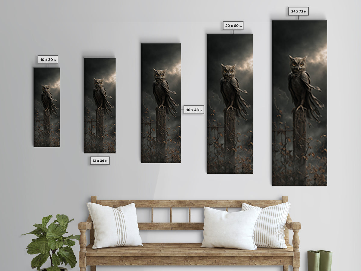 The Owl-Faced Omen, Tall Narrow Wall Art, Haunted Gothic Art, Framed Canvas Print, Halloween Wall Decor, Gothic Home Decor