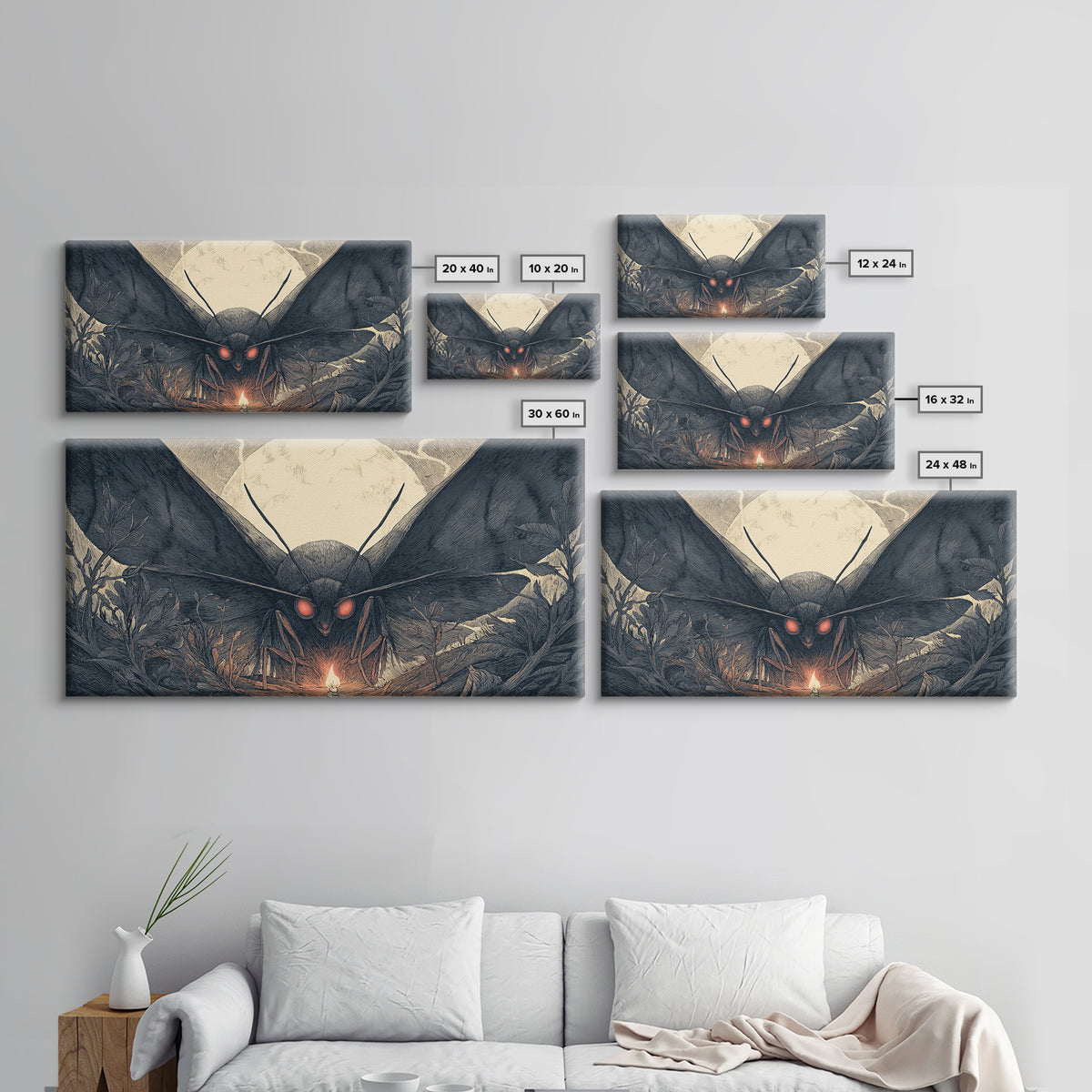 The Red-Eyed Moth Creature, Wide Panoramic Art, Spooky Home Decor, Canvas Print, Halloween Wall Decor, Gothic Home Decor, Macabre Wall Art