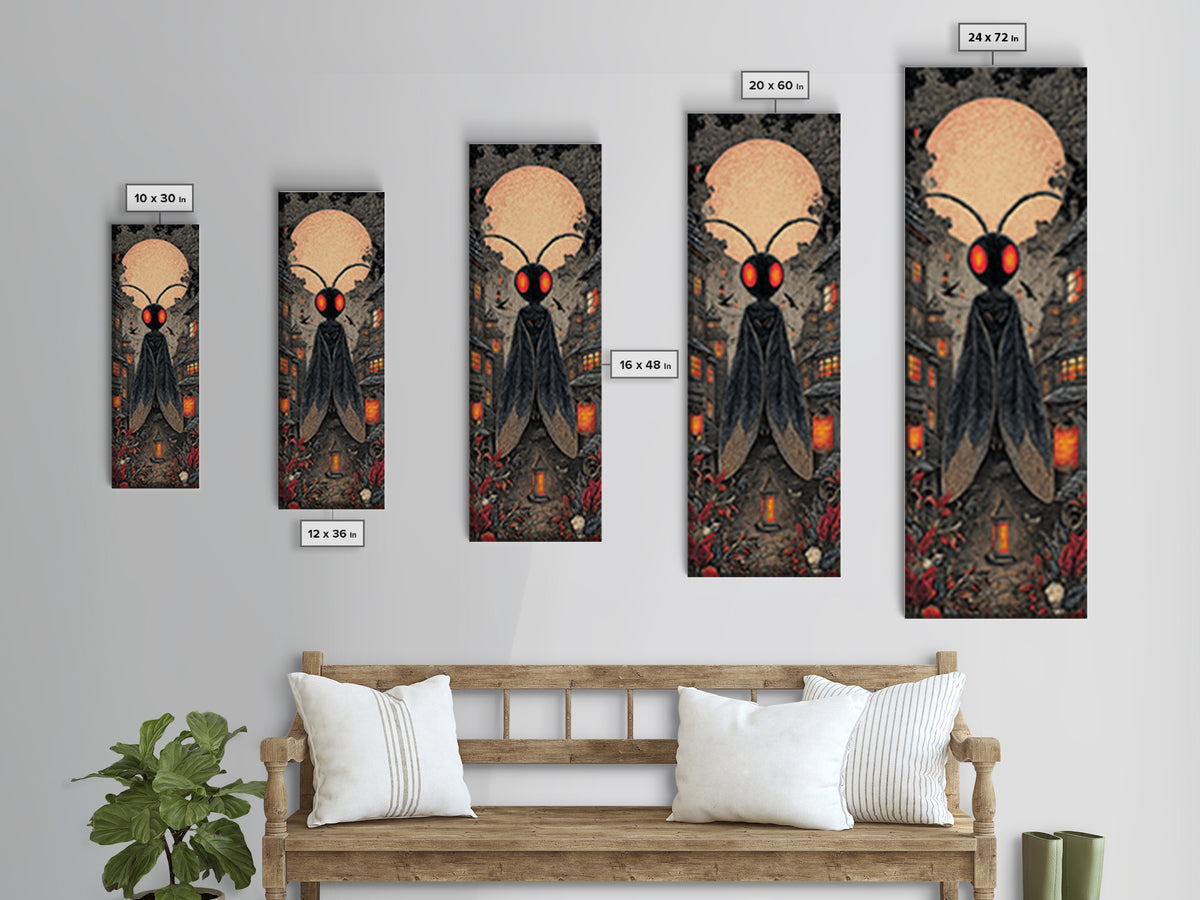 The Red-Eyed Moth Creature, Tall Narrow Wall Art, Spooky Home Decor, Canvas Print, Halloween Wall Decor, Gothic Home Decor