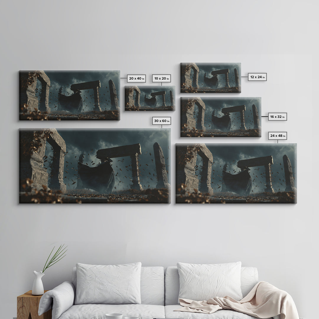 The Stone-Circle Spirit, Wide Panoramic Art, Gothic Horror Wall Art, Framed Canvas Print, Halloween Wall Decor, Gothic Home Decor