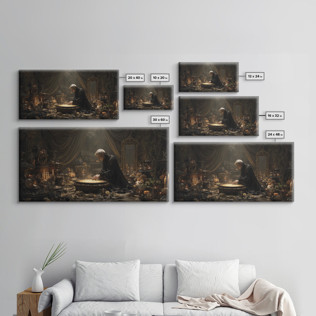 The Cave Oracle, Wide Panoramic Art, Haunted Gothic Art, Framed Canvas Print, Halloween Wall Decor, Gothic Home Decor