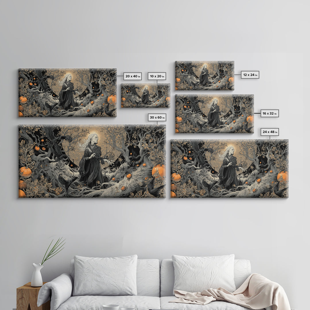 The Orchard Hag, Wide Panoramic Art, Gothic Horror Wall Art, Framed Canvas Print, Halloween Wall Decor, Gothic Home Decor