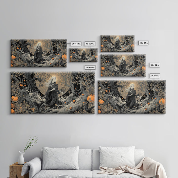 The Orchard Hag, Wide Panoramic Art, Gothic Horror Wall Art, Framed Canvas Print, Halloween Wall Decor, Gothic Home Decor