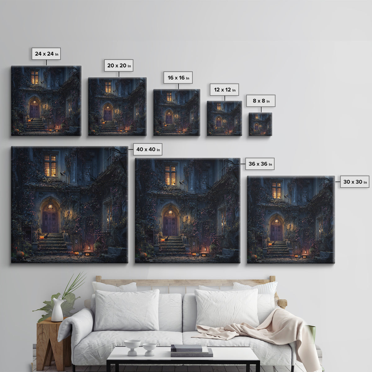 The Haunted Manor, Square Wall Art, Macabre Wall Art, Framed Canvas Print, Halloween Wall Decor, Gothic Home Decor, Collectible Wall Decor