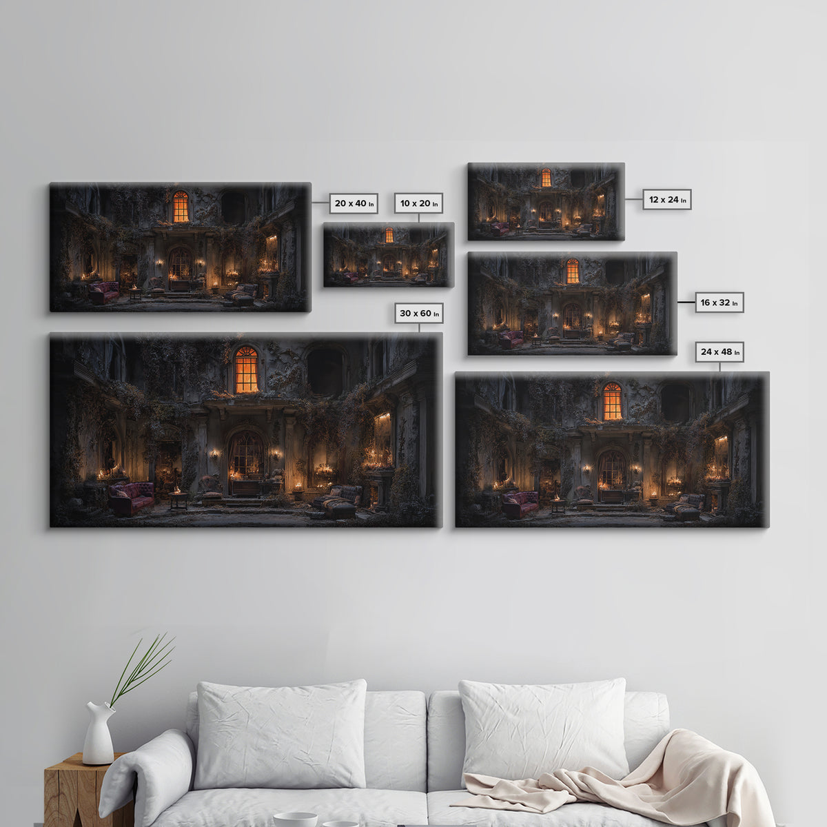 The Haunted Manor, Wide Panoramic Art, Macabre Wall Art, Framed Canvas Print, Halloween Wall Decor, Gothic Home Decor, Horror Wall Art