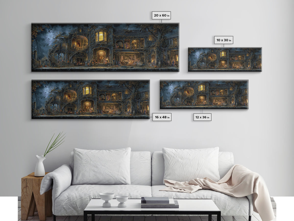 The Haunted Manor, Extra Wide Wall Art, Gothic Horror Wall Art, Framed Canvas Print, Halloween Wall Decor, Gothic Home Decor