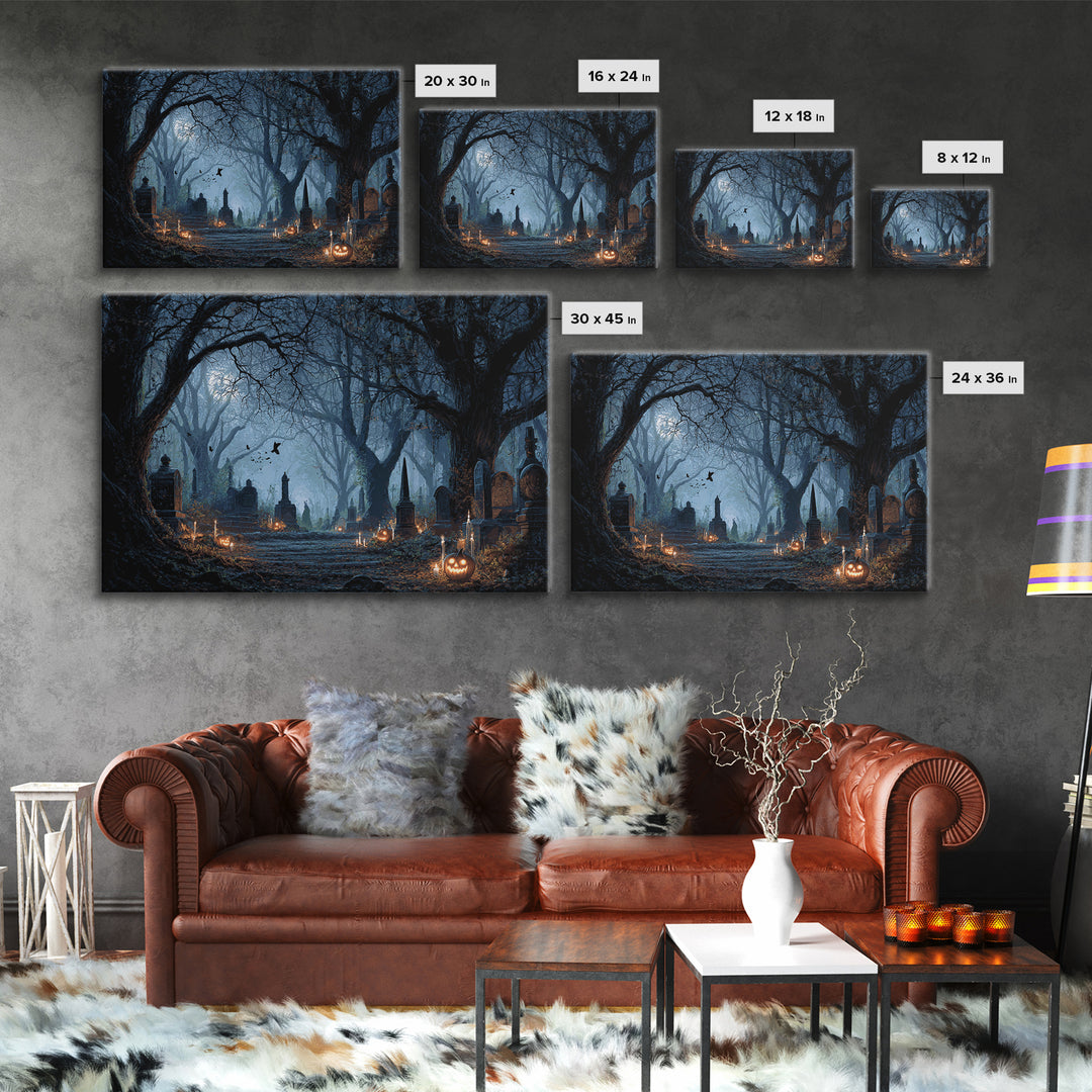 The Moonlit Cemetery, Landscape Wall Art, Gothic Horror Wall Art, Framed Canvas Print, Halloween Wall Decor, Gothic Home Decor