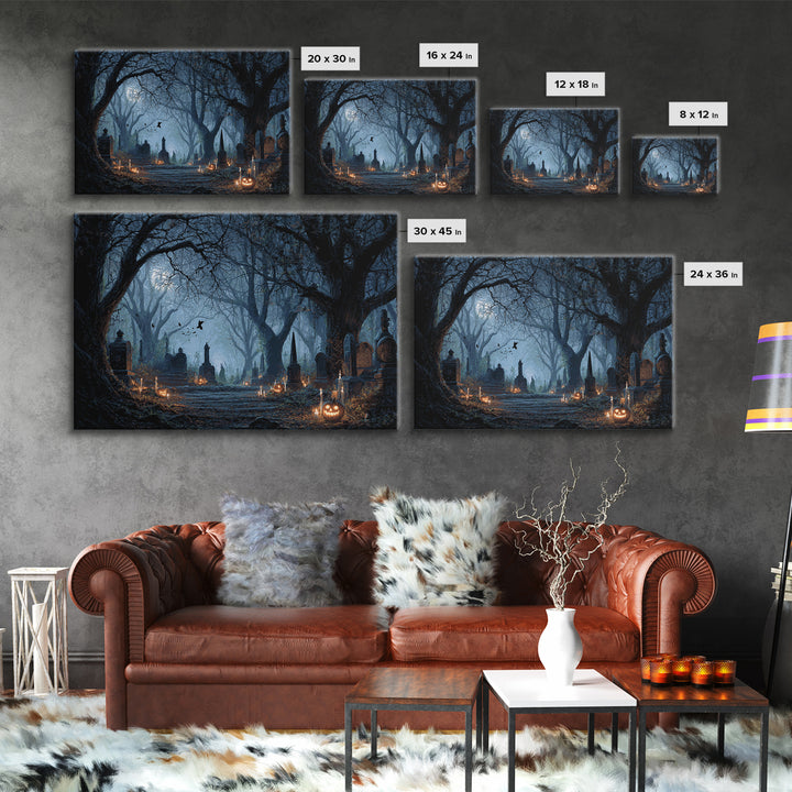 The Moonlit Cemetery, Landscape Wall Art, Gothic Horror Wall Art, Framed Canvas Print, Halloween Wall Decor, Gothic Home Decor