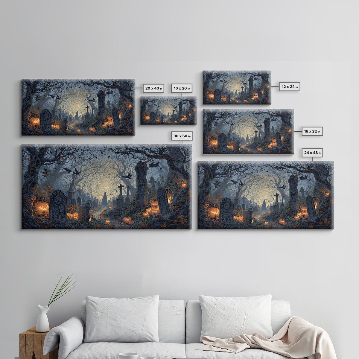 The Moonlit Cemetery, Wide Panoramic Art, Spooky Home Decor, Canvas Print, Halloween Wall Decor, Gothic Home Decor, Halloween Wall Art