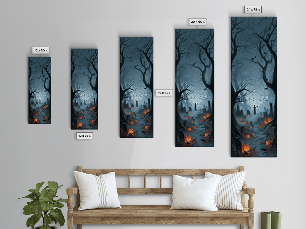 The Moonlit Cemetery, Tall Narrow Wall Art, Haunted Gothic Art, Framed Canvas Print, Halloween Wall Decor, Gothic Home Decor