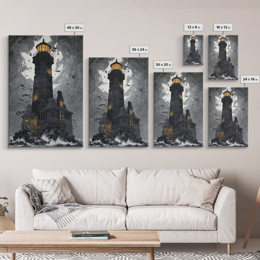 The Cursed Lighthouse, Vertical Wall Art, Macabre Wall Art, Framed Canvas Print, Halloween Wall Decor, Gothic Home Decor