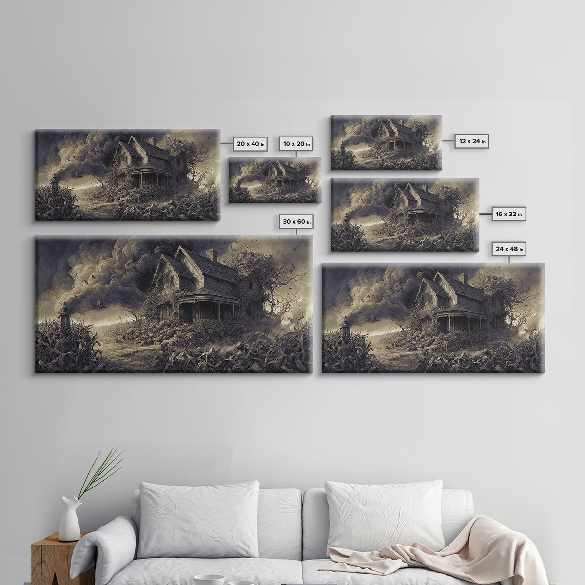 The Possessed Farmhouse, Wide Panoramic Art, Gothic Horror Wall Art, Framed Canvas Print, Halloween Wall Decor, Gothic Home Decor