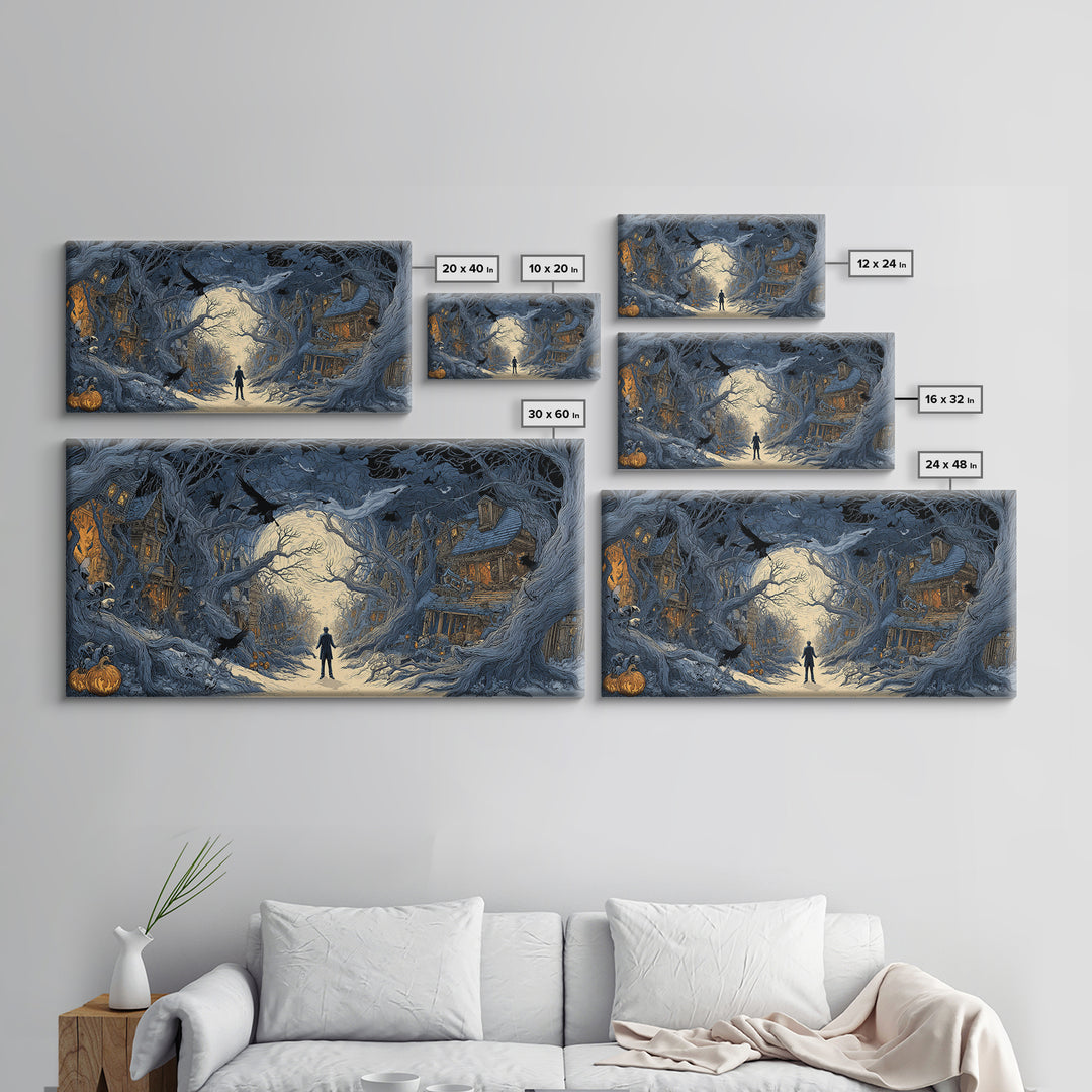 The Ghost Town Main Street, Wide Panoramic Art, Haunted Gothic Art, Framed Canvas Print, Halloween Wall Decor, Gothic Home Decor