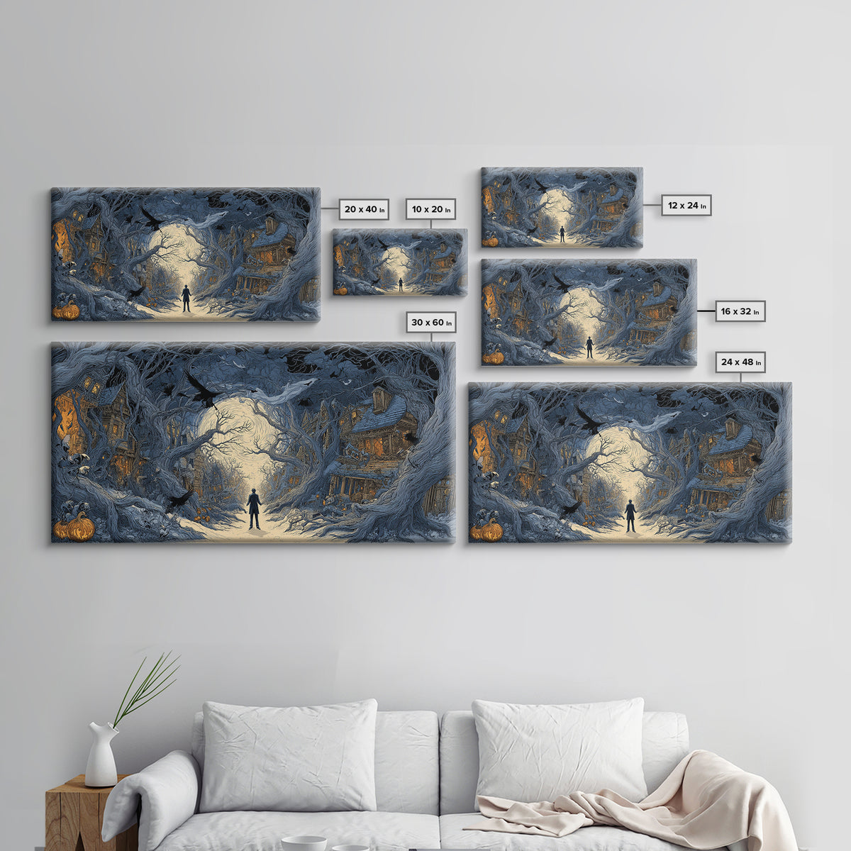 The Ghost Town Main Street, Wide Panoramic Art, Haunted Gothic Art, Framed Canvas Print, Halloween Wall Decor, Gothic Home Decor