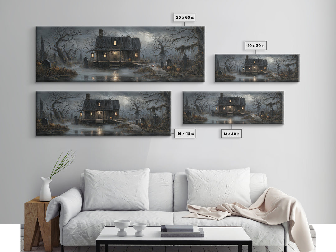 The Foggy Swamp Shack, Extra Wide Wall Art, Haunted Gothic Art, Framed Canvas Print, Halloween Wall Decor, Gothic Home Decor