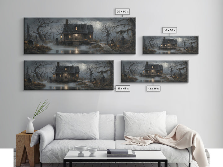 The Foggy Swamp Shack, Extra Wide Wall Art, Haunted Gothic Art, Framed Canvas Print, Halloween Wall Decor, Gothic Home Decor