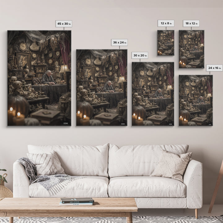 The Midnight Antique Shop, Vertical Wall Art, Macabre Wall Art, Framed Canvas Print, Halloween Wall Decor, Gothic Home Decor