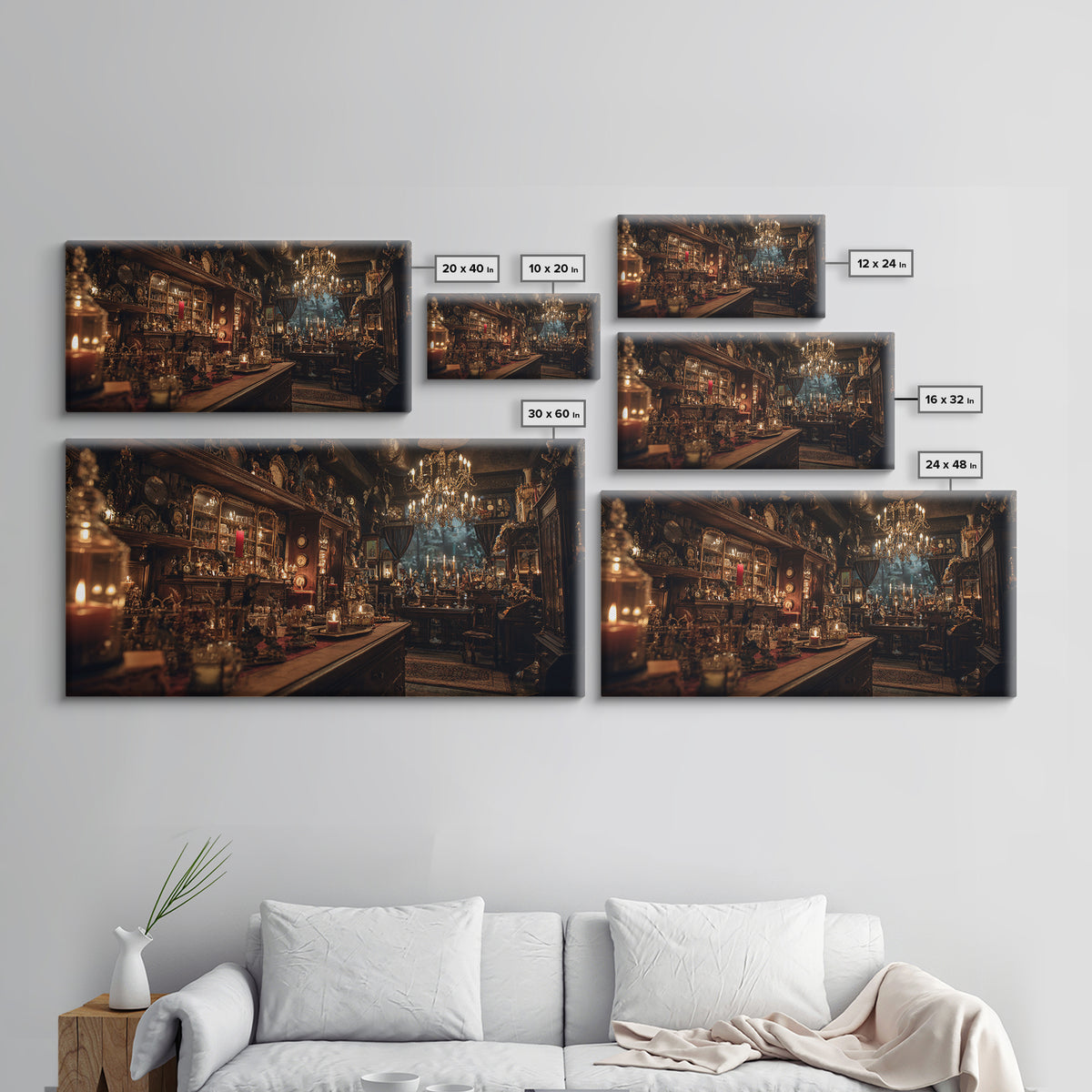 The Midnight Antique Shop, Wide Panoramic Art, Haunted Gothic Art, Framed Canvas Print, Halloween Wall Decor, Gothic Home Decor