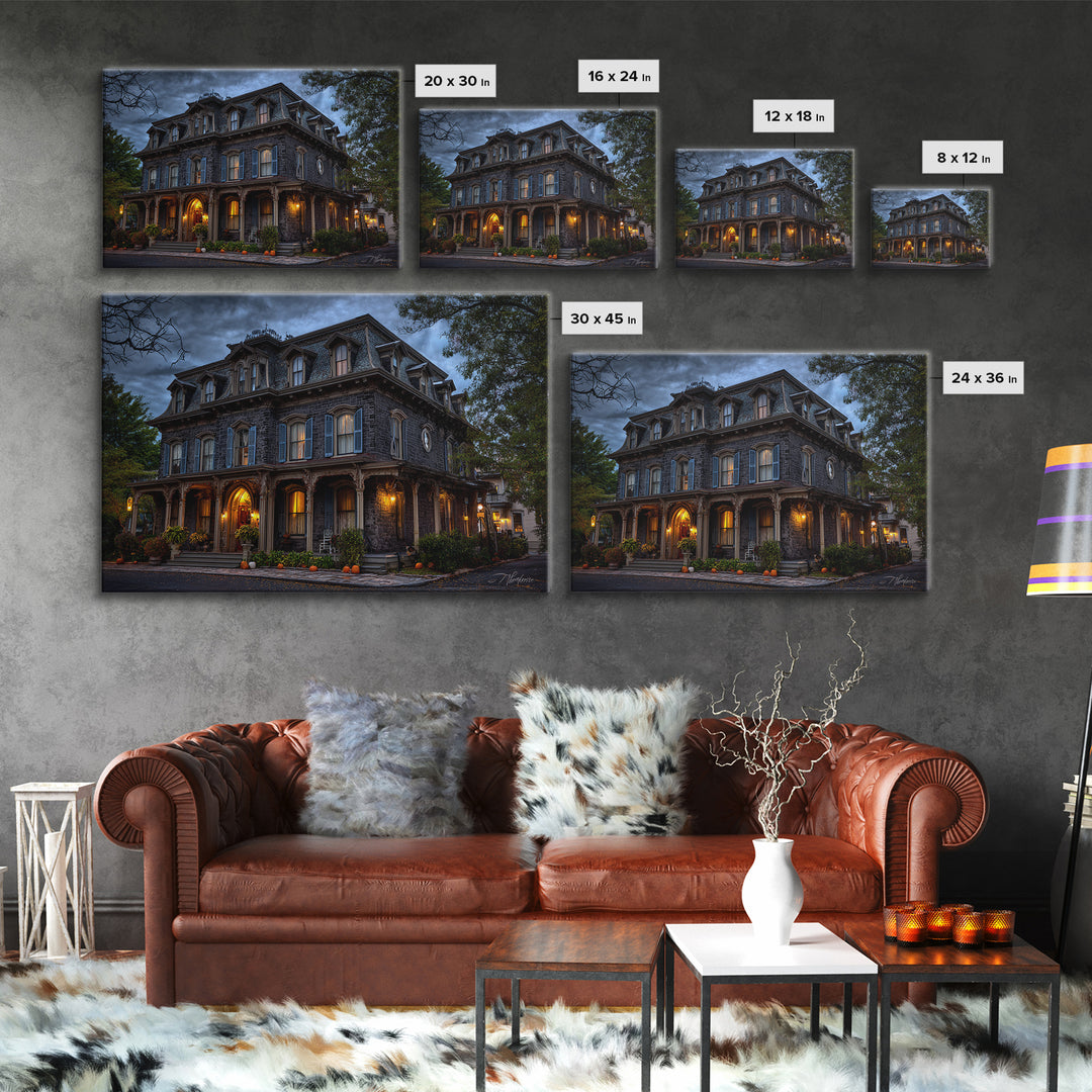 The Haunted Hotel, Landscape Wall Art, Haunted Gothic Art, Framed Canvas Print, Halloween Wall Decor, Gothic Home Decor