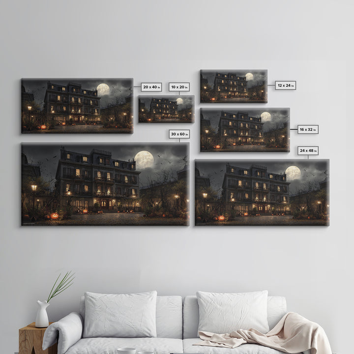 The Haunted Hotel, Wide Panoramic Art, Macabre Wall Art, Framed Canvas Print, Halloween Wall Decor, Gothic Home Decor, Horror Wall Art