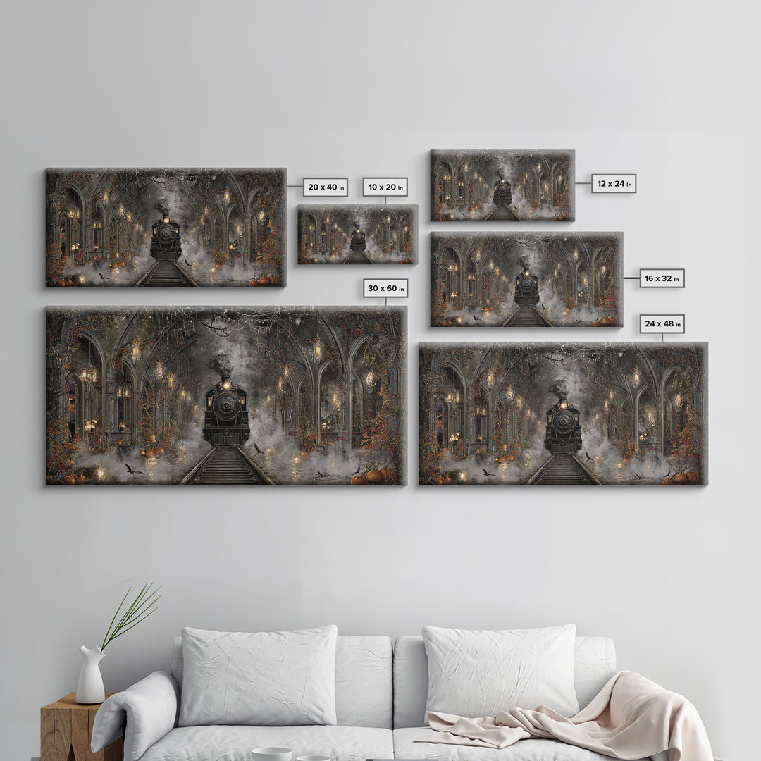 The Abandoned Train Station, Wide Panoramic Art, Macabre Wall Art, Framed Canvas Print, Halloween Wall Decor, Gothic Home Decor
