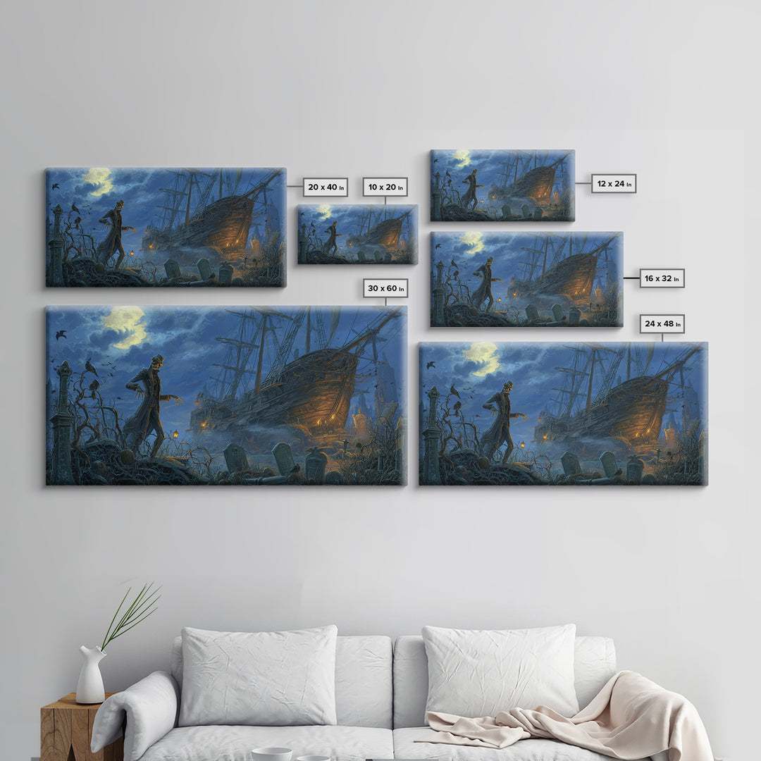 The Shipwreck Cove, Wide Panoramic Art, Gothic Horror Wall Art, Framed Canvas Print, Halloween Wall Decor, Gothic Home Decor