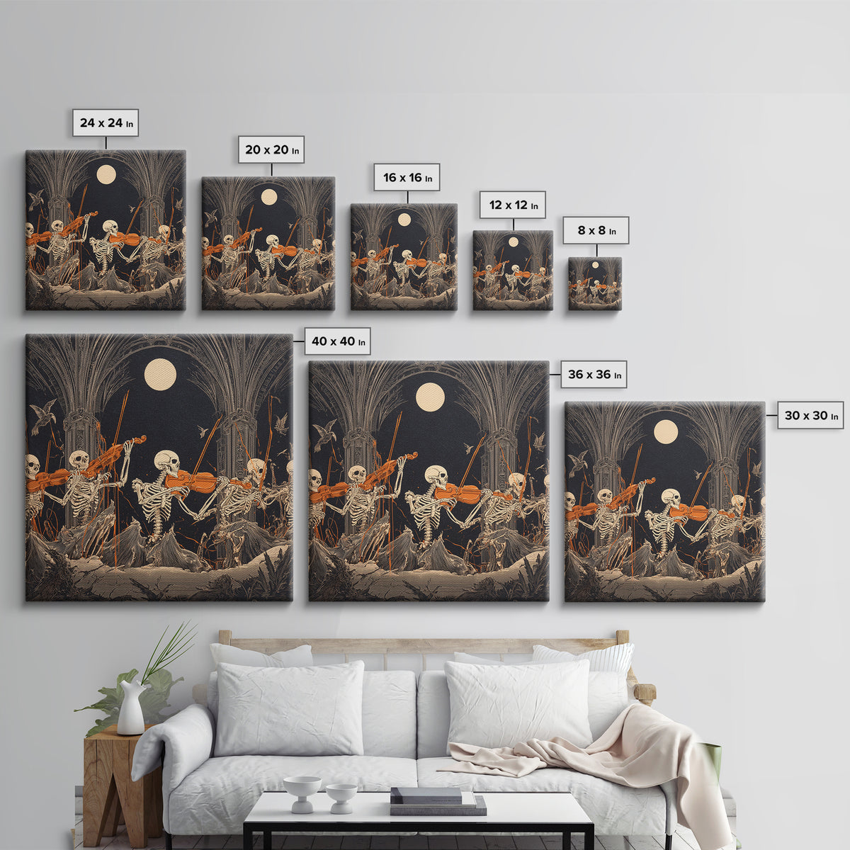 The Skeleton Orchestra, Square Wall Art, Gothic Horror Wall Art, Framed Canvas Print, Halloween Wall Decor, Gothic Home Decor
