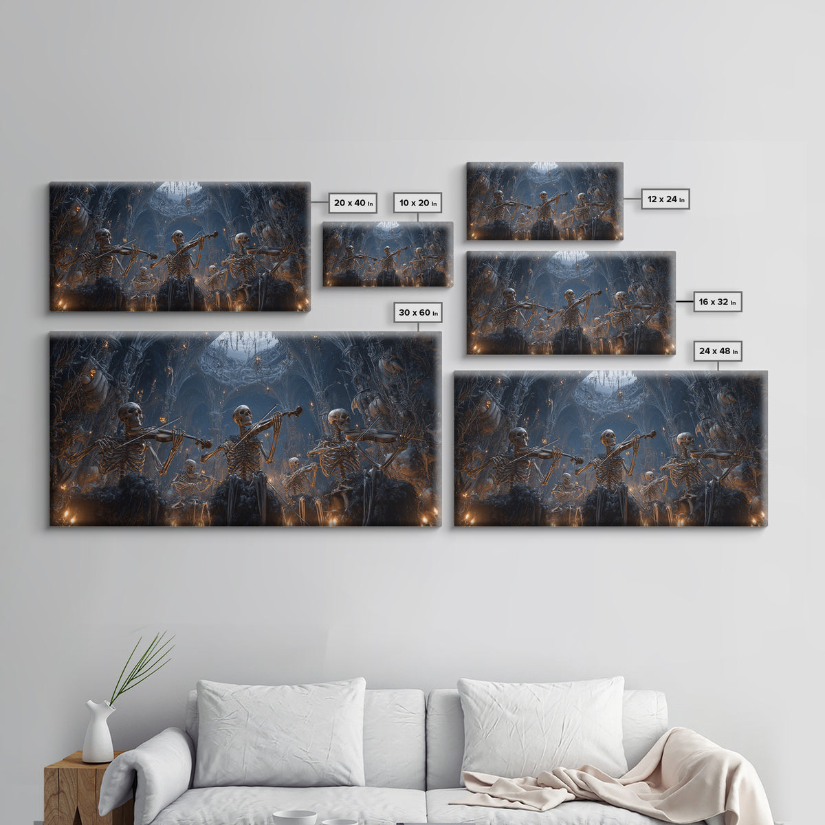 The Skeleton Orchestra, Wide Panoramic Art, Macabre Wall Art, Framed Canvas Print, Halloween Wall Decor, Gothic Home Decor