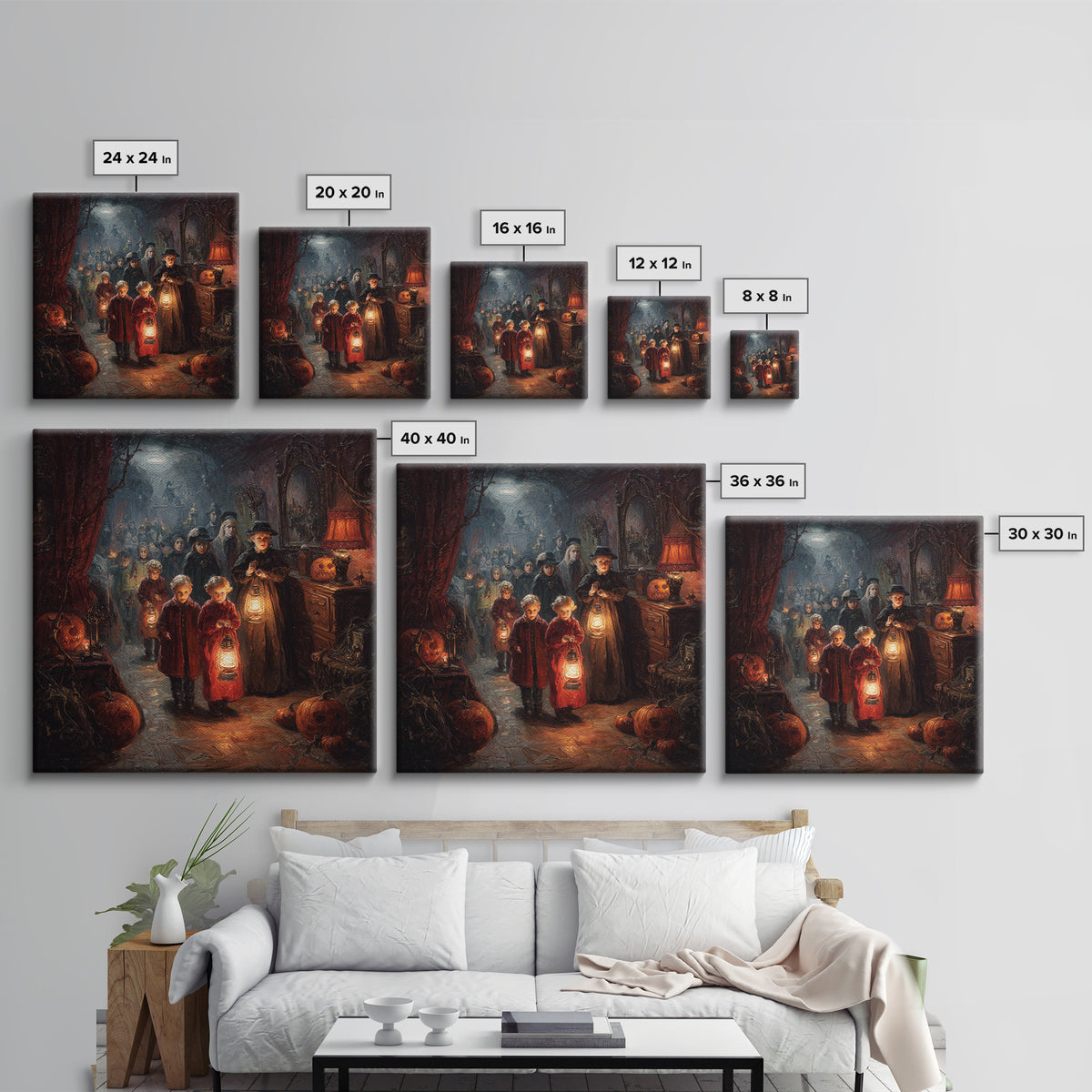 The Trick-Or-Treat Procession, Square Wall Art, Haunted Gothic Art, Framed Canvas Print, Halloween Wall Decor, Gothic Home Decor