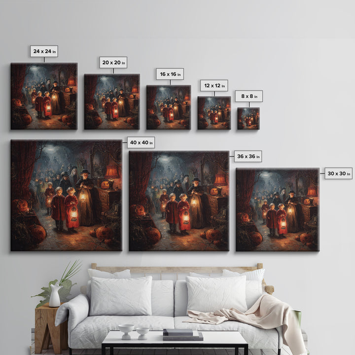 The Trick-Or-Treat Procession, Square Wall Art, Haunted Gothic Art, Framed Canvas Print, Halloween Wall Decor, Gothic Home Decor