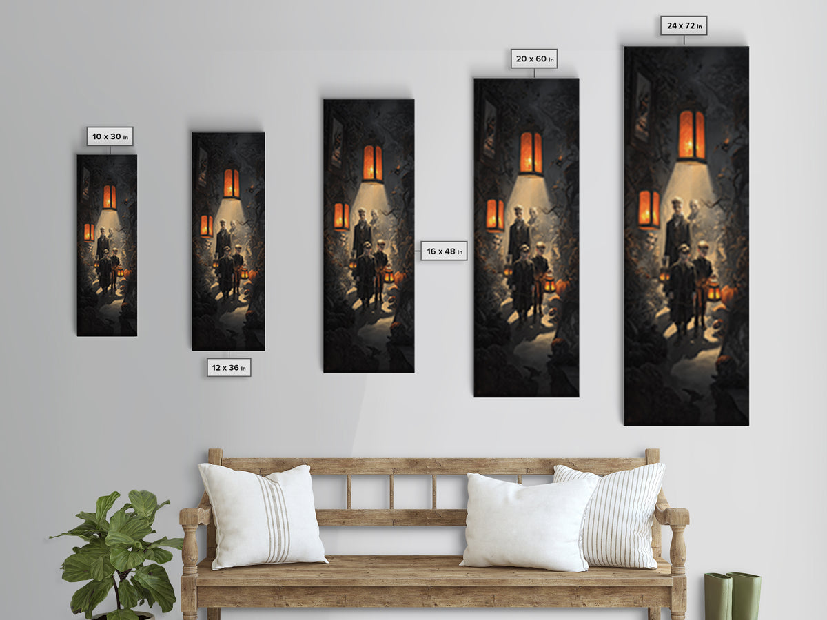 The Trick-Or-Treat Procession, Tall Narrow Wall Art, Spooky Home Decor, Canvas Print, Halloween Wall Decor, Gothic Home Decor