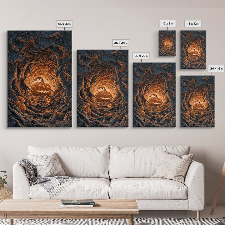 The Pumpkin-Carving Ritual, Vertical Wall Art, Haunted Gothic Art, Framed Canvas Print, Halloween Wall Decor, Gothic Home Decor