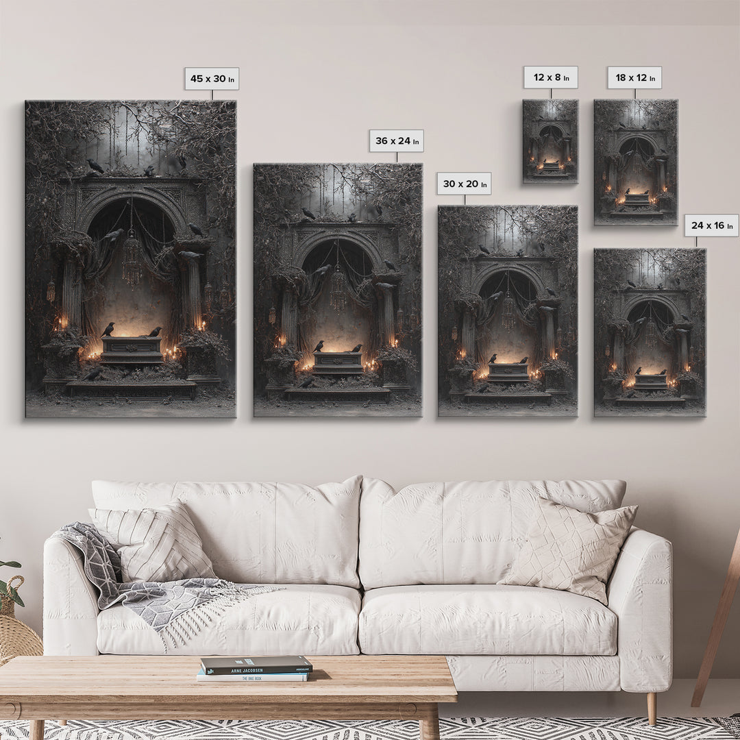 The Raven Funeral, Vertical Wall Art, Gothic Horror Wall Art, Framed Canvas Print, Halloween Wall Decor, Gothic Home Decor, Dark Fantasy Art