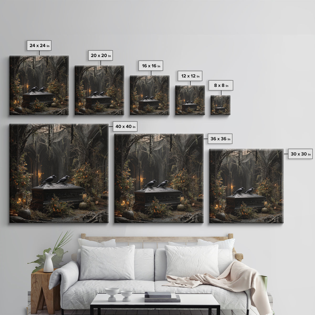 The Raven Funeral, Square Wall Art, Haunted Gothic Art, Framed Canvas Print, Halloween Wall Decor, Gothic Home Decor, Macabre Wall Art