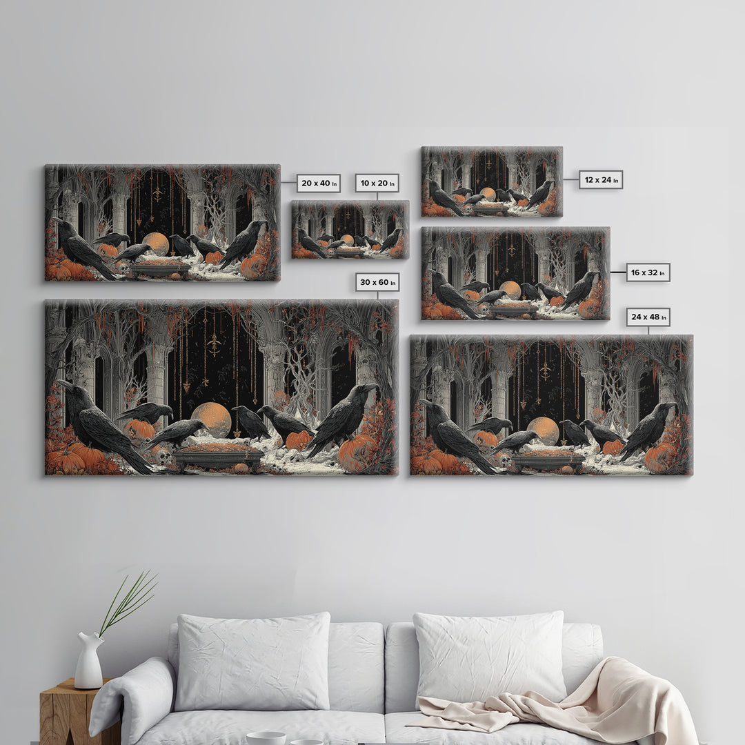 The Raven Funeral, Wide Panoramic Art, Gothic Horror Wall Art, Framed Canvas Print, Halloween Wall Decor, Gothic Home Decor, Halloween Decor