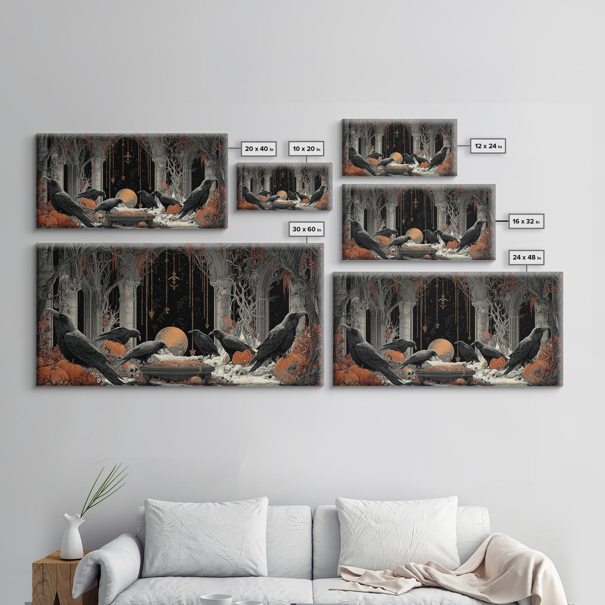 The Raven Funeral, Wide Panoramic Art, Gothic Horror Wall Art, Framed Canvas Print, Halloween Wall Decor, Gothic Home Decor, Halloween Decor
