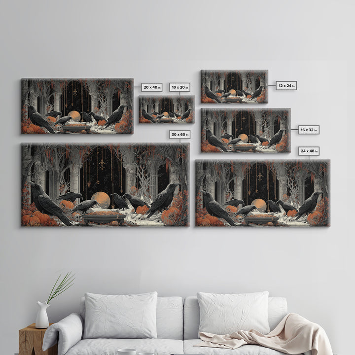 The Raven Funeral, Wide Panoramic Art, Gothic Horror Wall Art, Framed Canvas Print, Halloween Wall Decor, Gothic Home Decor, Halloween Decor