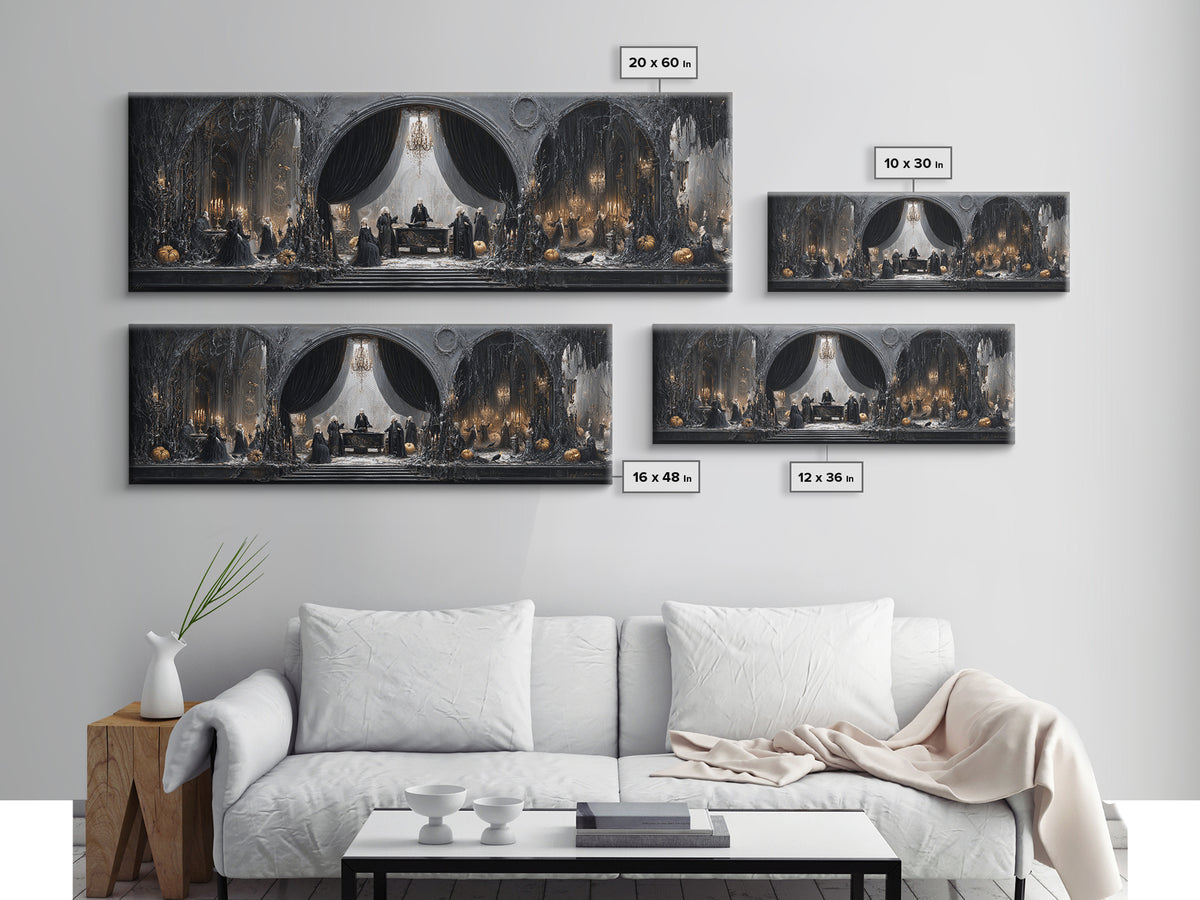 The Raven Funeral, Extra Wide Wall Art, Macabre Wall Art, Framed Canvas Print, Halloween Wall Decor, Gothic Home Decor, Halloween Wall Art