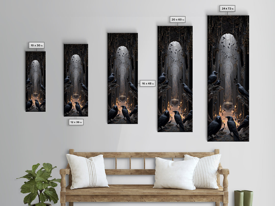The Raven Funeral, Tall Narrow Wall Art, Gothic Horror Wall Art, Framed Canvas Print, Halloween Wall Decor, Gothic Home Decor
