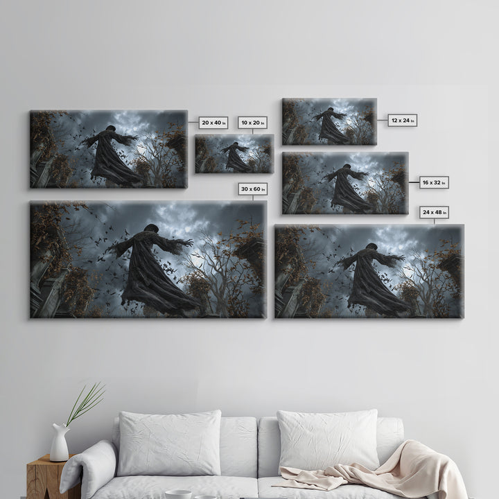 The Haunted Hayride, Wide Panoramic Art, Gothic Horror Wall Art, Framed Canvas Print, Halloween Wall Decor, Gothic Home Decor