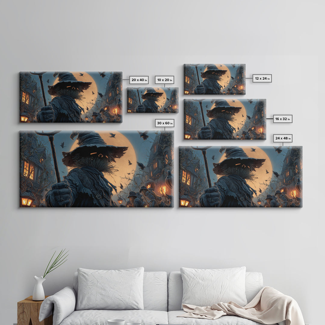 The Scarecrow Uprising, Wide Panoramic Art, Haunted Gothic Art, Framed Canvas Print, Halloween Wall Decor, Gothic Home Decor