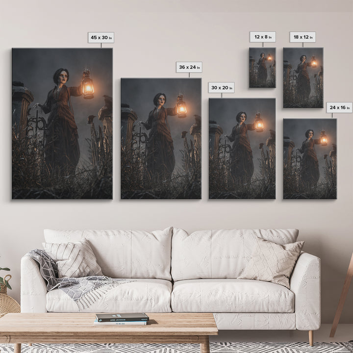 The Cemetery Lantern Festival, Vertical Wall Art, Dark Fantasy Wall Art, Canvas Print, Halloween Wall Decor, Gothic Home Decor