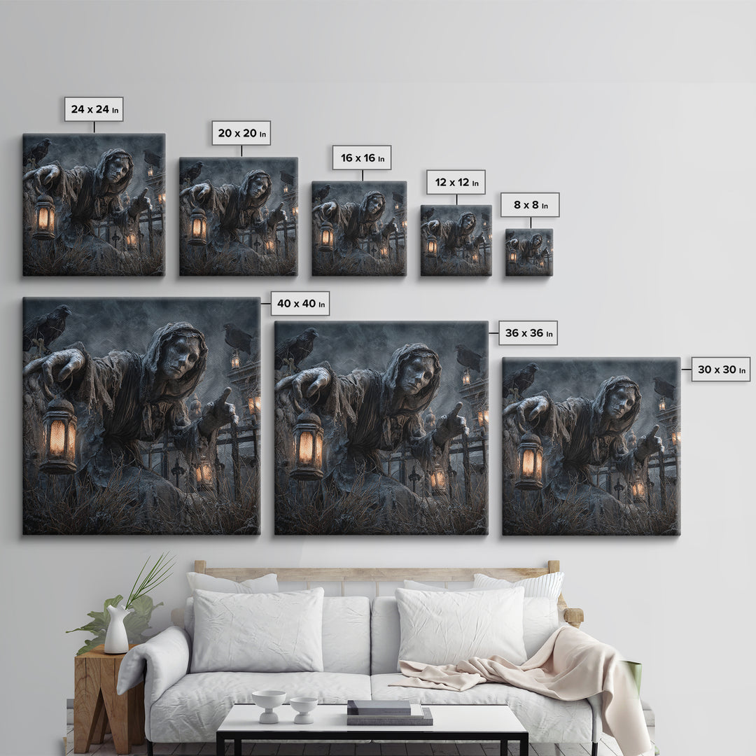 The Cemetery Lantern Festival, Square Wall Art, Haunted Gothic Art, Framed Canvas Print, Halloween Wall Decor, Gothic Home Decor