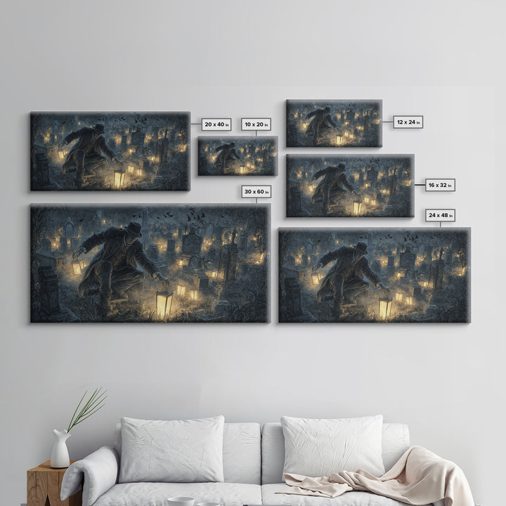 The Cemetery Lantern Festival, Wide Panoramic Art, Dark Fantasy Wall Art, Canvas Print, Halloween Wall Decor, Gothic Home Decor