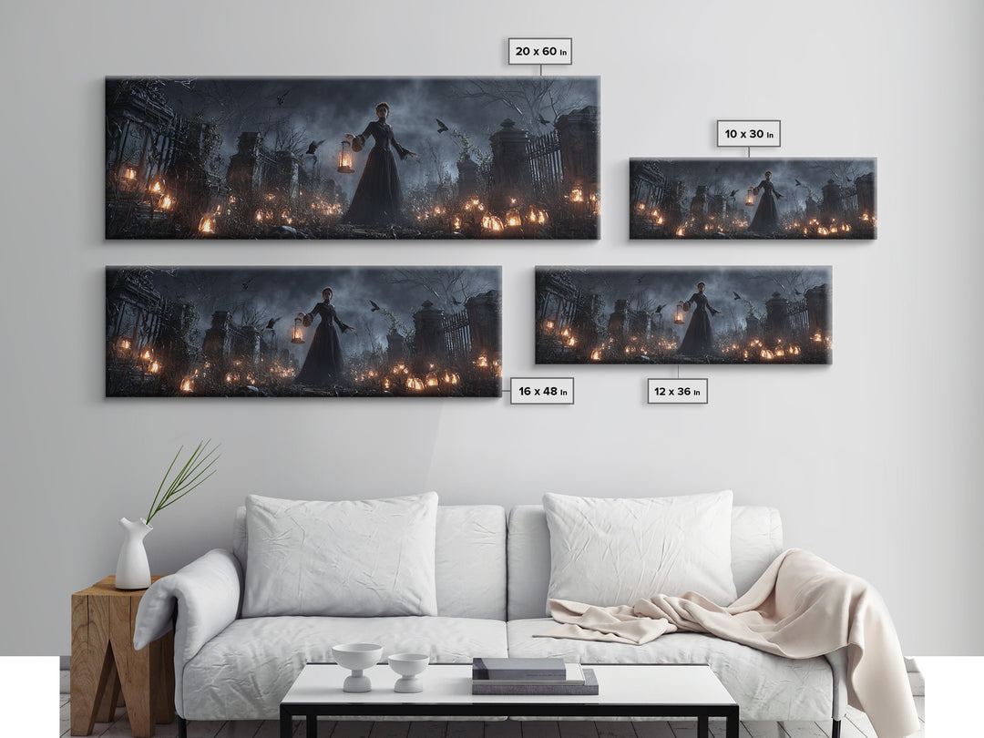 The Cemetery Lantern Festival, Extra Wide Wall Art, Macabre Wall Art, Framed Canvas Print, Halloween Wall Decor, Gothic Home Decor